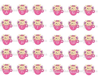 4x6 - SPRING KITTENS ALPHABETS - Instant Download - Kitty Cats in Cups-  Full Alphabets  One Inch Bottle Cap Digital Collage Sheet