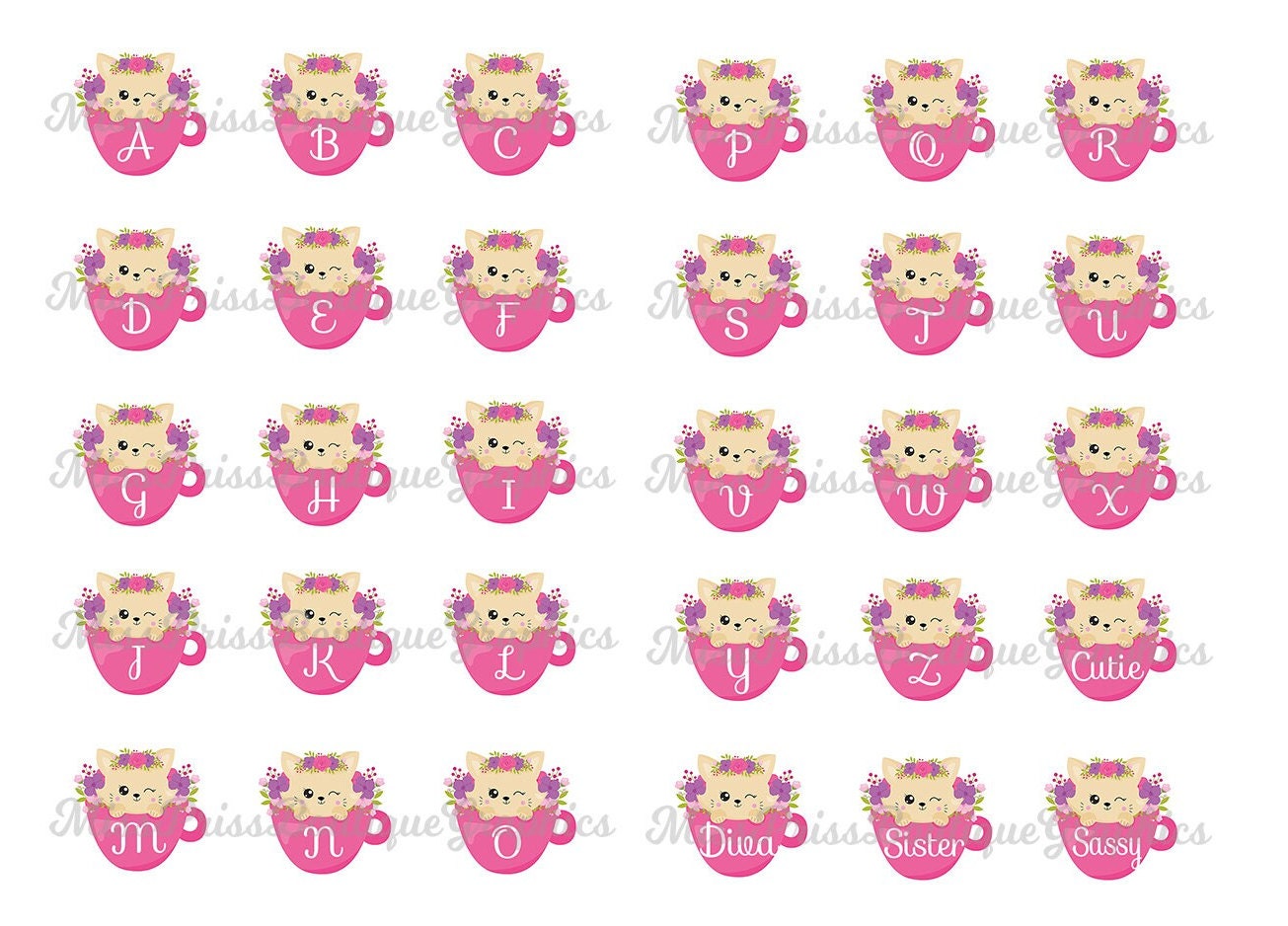 4x6 SPRING KITTENS ALPHABETS Instant Download Kitty Cats in Cups Full ...