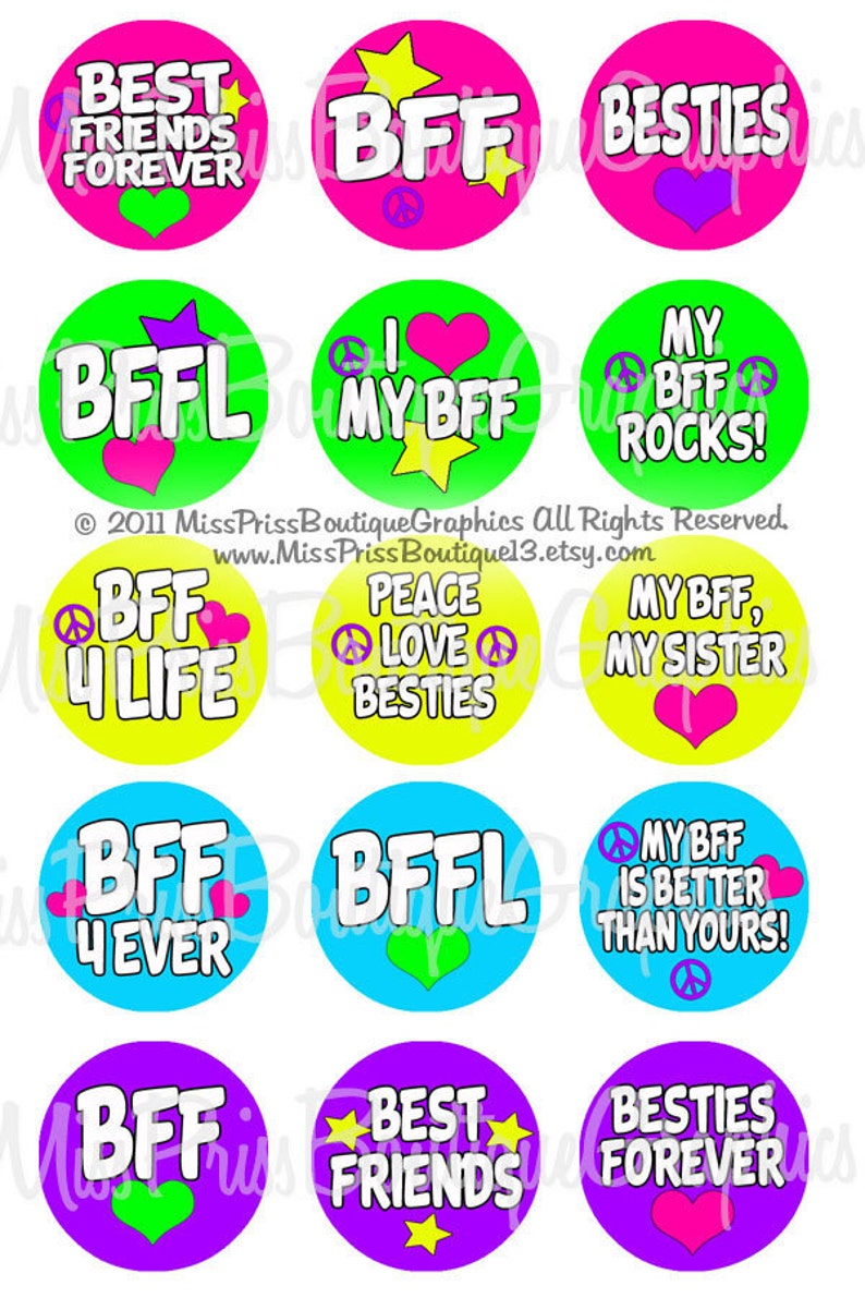 4x6 NEON BEST FRIENDS Instant Download Adorable Besties Bff In Neon Colors One Inch Bottle Cap Digital Collage Sheet No.728 image 1