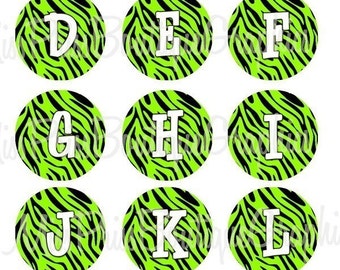 4x6 - LIME ZEBRA ALPHABETS  - Instant Download - Lime Green Zebra with White Alphabets -  One Inch Bottle Cap Digital Collage Sheet -No.427