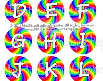 4x6 - RAINBOW SWIRLS - Instant Download - Candy Rainbow Swirls Alphabet - One Inch Bottlecap Digital Collage Images- No.629