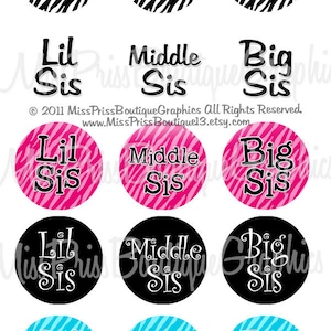 May include: Twelve round stickers with a zebra print background. The stickers have the words "Lil Sis", "Middle Sis", and "Big Sis" in black and pink lettering.