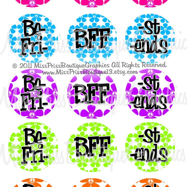4x6 - BEST FRIENDS FOREVER - Instant Download - Adorable Peace Flowers Bff  - One Inch Bottlecap Digital Collage Images- No.733
