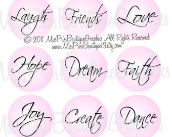 4x6 - INSPIRATIONAL WORDS - Instant Download -  Light Pink Elegant Words- One Inch Bottlecap Digital Collage Images- No.612