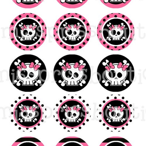 PUNKY 4X6 GIRLY DOT PUNK SKULLS BOTTLECAP GRAPHIC IMAGE DIGITAL SHEET - PERFECT FOR TEENS AND TWEENS - (No.139)