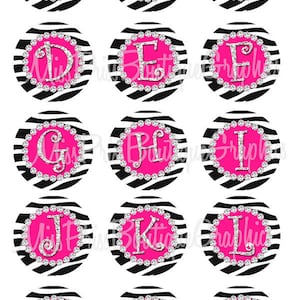 May include: Set of 15 printable 2 inch round circle images featuring a zebra print background with a pink circle and a silver glitter letter in the center. The letters are A through O.