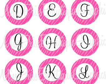 4x6 - Pink and Hot Pink Zebra Circle Alphabets - INSTANT DOWNLOAD - Valentines - One Inch Bottle Cap Digital Collage Sheet  - No.564
