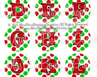 4x6 - CHRISTMAS DOTS ALPHABETS - Instant Download-  Red and Green Dots Full Alphabets - One Inch Bottle Cap Digital Collage Sheet  - No.803