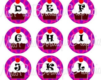 4x6 - CUTE CUPCAKES ALPHABETS - Instant Download - Full Alphabets One Inch Bottle Cap Digital Collage Sheet