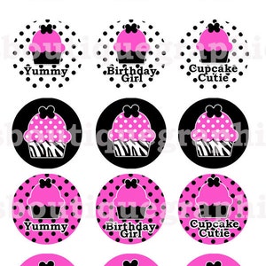 May include: Twelve cupcake wrappers with a pink and white polka dot cupcake with a black bow on top. The cupcake is on a black and white zebra print background. The wrappers have black polka dots on a white background. Some wrappers have text that says "Yummy", "Birthday Girl", and "Cupcake Cutie".