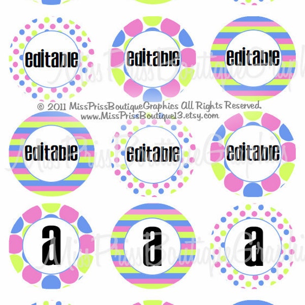 4X6 - EDITABLE PDF - Instant Download - Pink Lime and Blue designs - 3 Different Designs - Editable Bottlecap Digital Collage Image No. 737