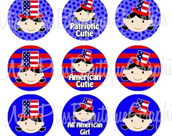 4x6 - AMERICAN GIRL - Instand Download - Adorable 4th Of July Girlie Designs - One inch Bottlecap Graphic Image Collage - No.378