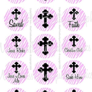 May include: Twelve round pink and white zebra print stickers with black crosses and Christian themed text. The text includes "Live For Him", "God Is Love", "Saved", "Faith", "Jesus Rocks", "Christian Girl", "Jesus Loves Me", "Seek Him", "Jesus Is My Rock", and "I'm A Christian".