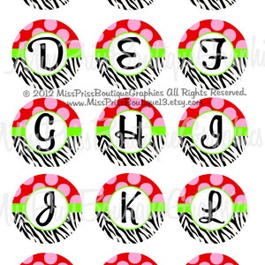 May include: A set of 12 round printable stickers featuring the alphabet letters A through O. Each letter is in a white font on a black and white zebra print background. The letters are surrounded by a red circle with pink polka dots and a green stripe.