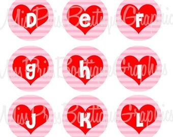 4x6 - VALENTINES DAY - Instant Download -  Heart Striped Cuties Full Alphabet -One Inch Bottlecap Digital Graphic Collage Sheet - No.596