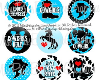 4x6 - COWGIRL - Instant Download - Red Black and Turq Blue Theme- One Inch Bottlecap Graphic Digital Image Collage - No.800