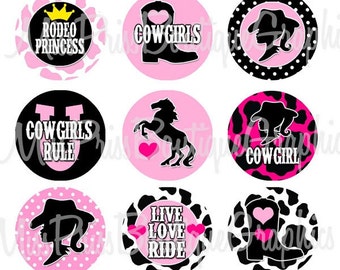 4x6 - COWGIRL - Instant Download - Pink Black and Hot Pink Theme- One Inch Bottlecap Graphic Digital Image Collage - No.582