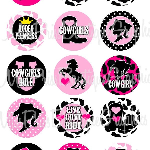 4x6 - COWGIRL - Instant Download - Pink Black and Hot Pink Theme- One Inch Bottlecap Graphic Digital Image Collage - No.582