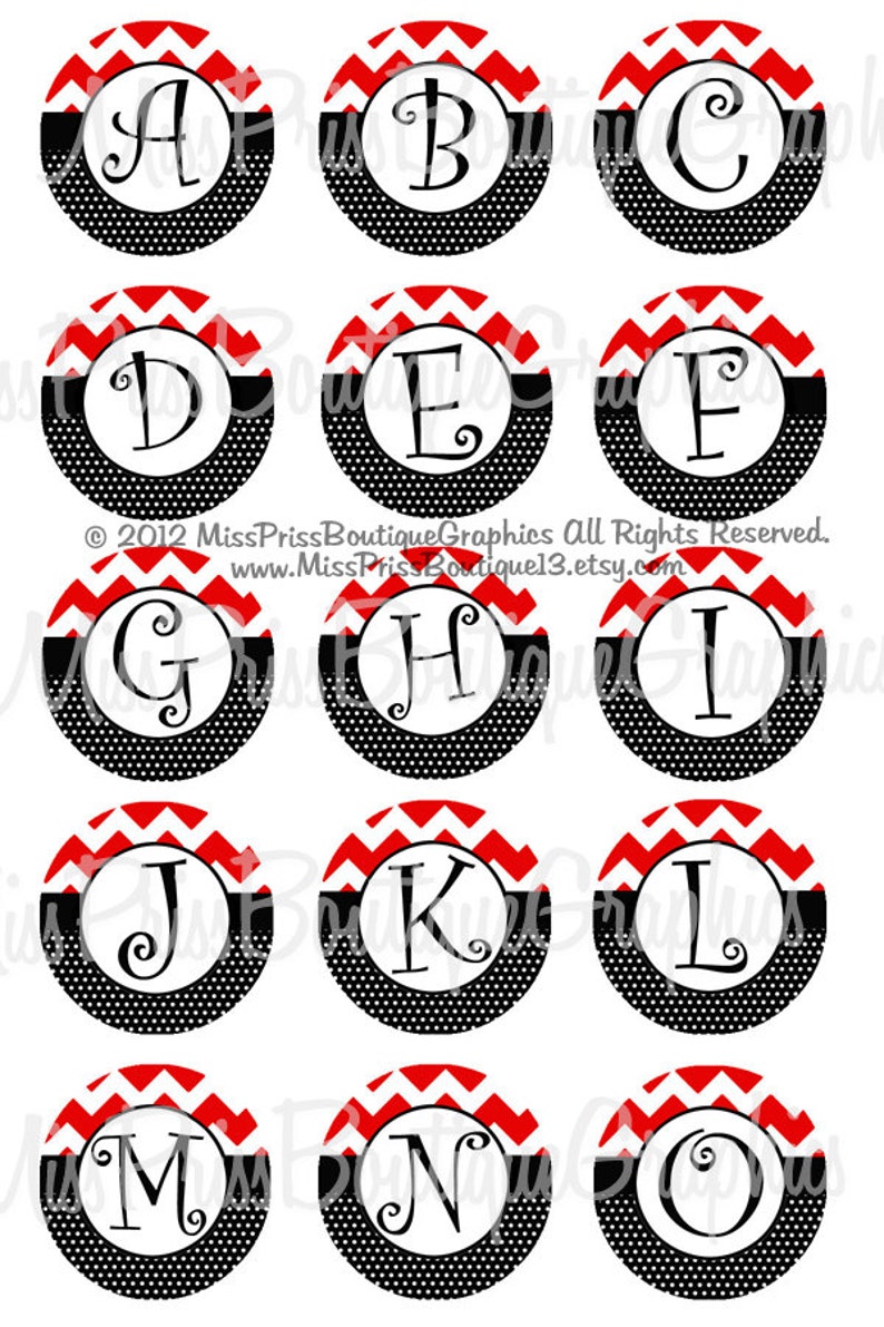 4x6 CHEVRON DOTS ALPHABETS Instant Download Red Chevron Black One Inch Bottlecap Graphic Digital Image Collage Sheet No.887 image 1