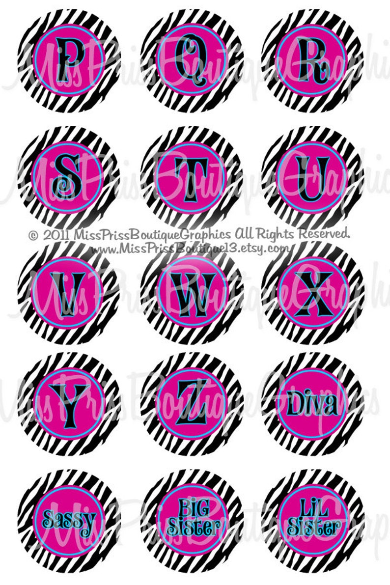 4x6 FUSCHIA ZEBRA ALPHABETS Instant Download Zebra Letters One Inch Bottlecap Digital Graphic Image Collage Sheet No.753 image 2