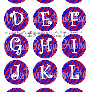 May include: A set of 13 printable alphabet letters in white on a red and blue zebra print background. The letters are in a circle and are perfect for crafting projects.