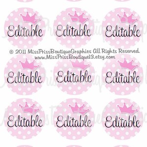4x6 - EDITABLE PDF - Instant Download - Chic Pink dots with Princess Crowns - Editable Digital Bottlecap Image Collage - No.715
