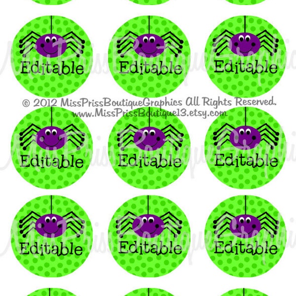 4X6 - EDITABLE PDF - Instant Download - Adorable Lime Purple Halloween Spiders  - Editable Bottlecap Digital Collage Image - No 875