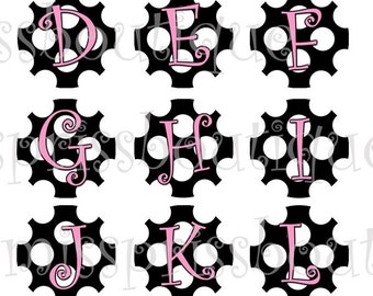 4x6 -BLACK CANDY DOTS - Full Alphabet Sheet -  One INch Bottlecap Graphic Digital Image Collage Sheet -No.300