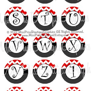 4x6 CHEVRON DOTS ALPHABETS Instant Download Red Chevron Black One Inch Bottlecap Graphic Digital Image Collage Sheet No.887 image 2