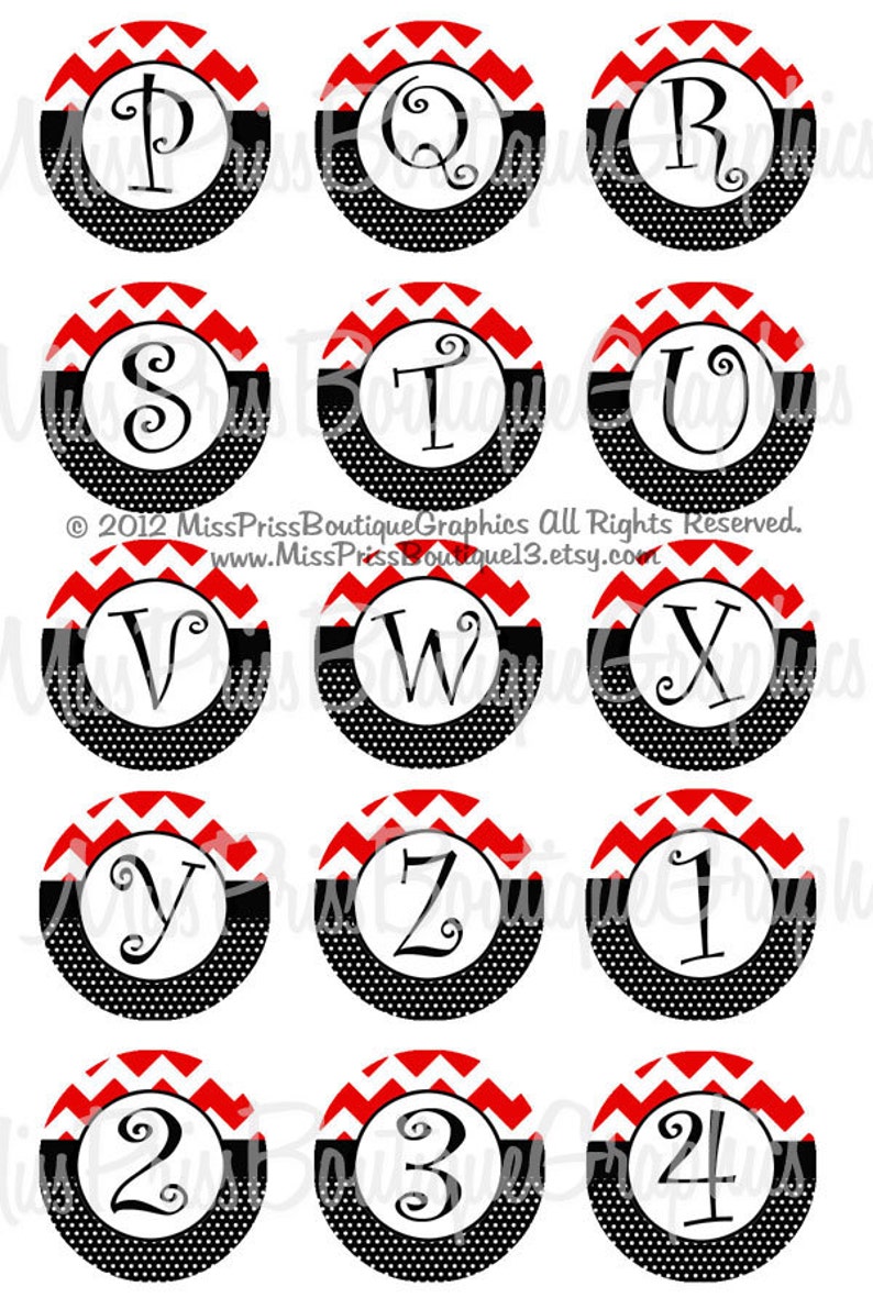 4x6 CHEVRON DOTS ALPHABETS Instant Download Red Chevron Black One Inch Bottlecap Graphic Digital Image Collage Sheet No.887 image 2