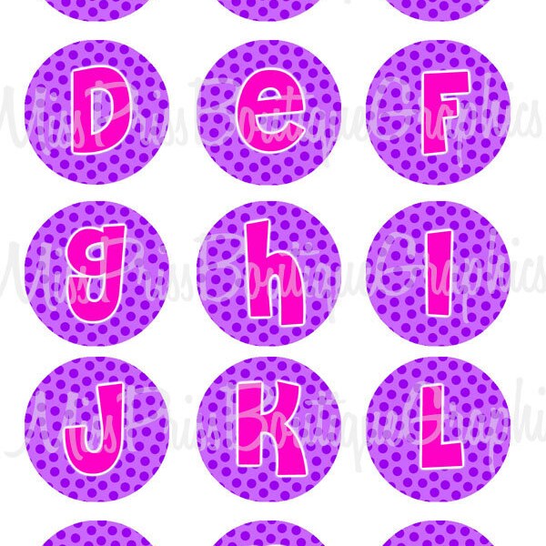 4x6 - PURPLE POLKADOT LETTERS  - Instant Download - Polkadot Pink Letters - One Inch Bottlecap Digital Graphic Image Collage Sheet - No.381