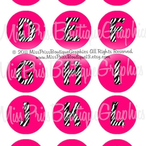 4x6 - ZEBRA LETTERS HOTPINK - Instant Download -Zebra Letters Full Alphabets - One Inch Bottle Cap Digital Collage Sheet  - No.768
