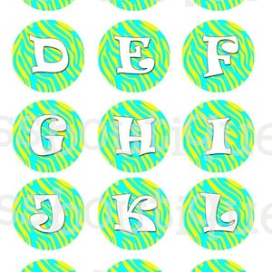 100x150 - TURQ YELLOW ZEBRA - Volle Alphabete Plus Bonus Sprüche - Digitale Grafik Collage Sheet für 1-Zoll-Flaschenverschluss - Nr.309
