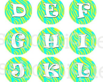 4x6 - TURQ  YELLOW ZEBRA -  Full Alphabets Plus Bonus Sayings - One inch Bottle Cap Digital Graphic Collage Sheet -  No.309