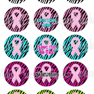 May include: Twelve round pink ribbon cupcake toppers with zebra print backgrounds. The toppers feature different messages including "Save the Ta-Tas!" and "Love Hope Cure".