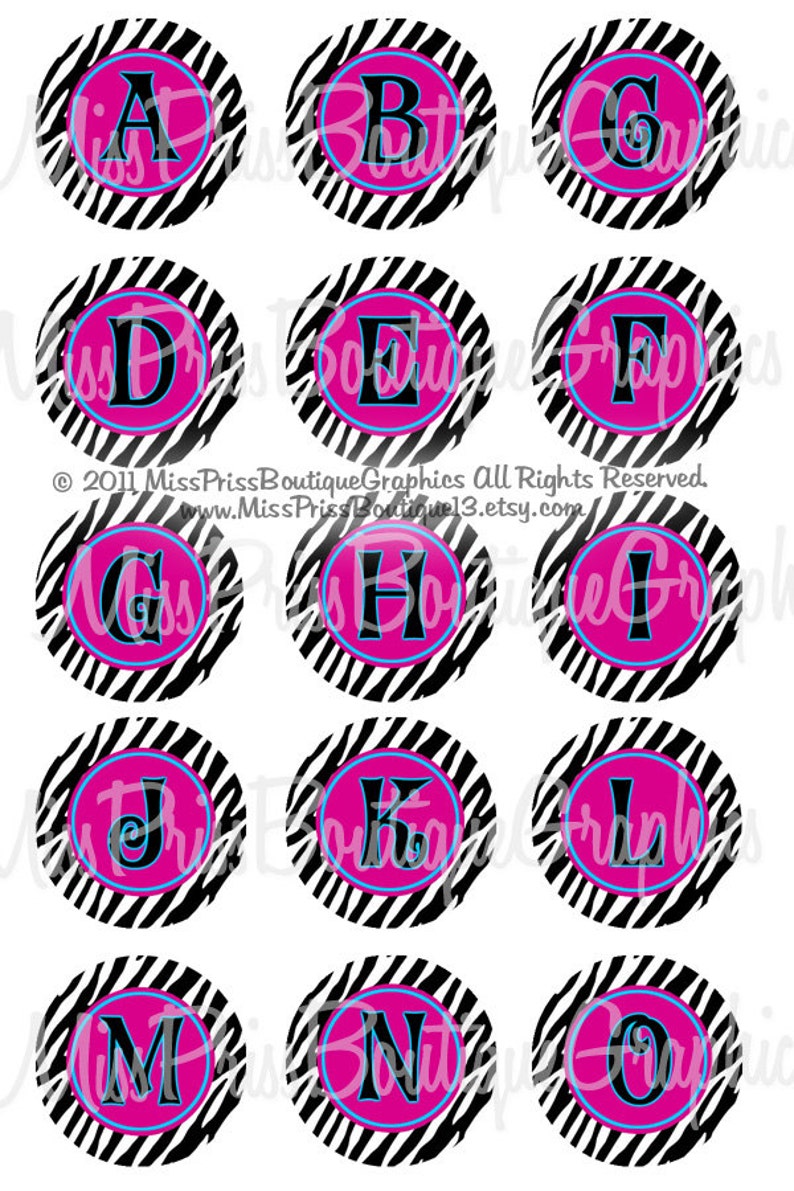 4x6 FUSCHIA ZEBRA ALPHABETS Instant Download Zebra Letters One Inch Bottlecap Digital Graphic Image Collage Sheet No.753 image 1