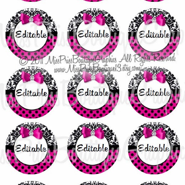4X6 - EDITABLE PDF - Instant Download - Black White Damask with Hot Pink Blk Dots and Diamond Bow-  Bottlecap Digital Collage Image - No 624
