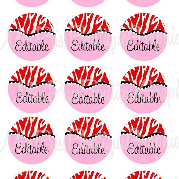 4X6 - EDITABLE PDF - Instant Download - Valentine Zebra Pink and Red - Personalized -  Editable Bottlecap Digital Collage Image - No.826