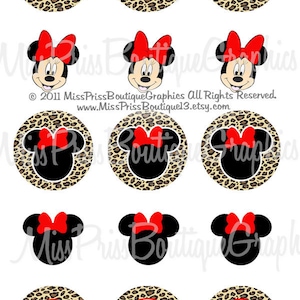 May include: Twelve round printable stickers featuring a cartoon image of Minnie Mouse with a red bow on a brown and tan leopard print background. The text "Miss Priss Boutique Graphics" is printed on the bottom of the image.