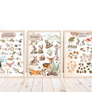 Lernposter 3er Set Wald | Zahlen, Alphabet & Buchstaben, Erzählen | Poster Kinderzimmer, Schule | Wanddeko