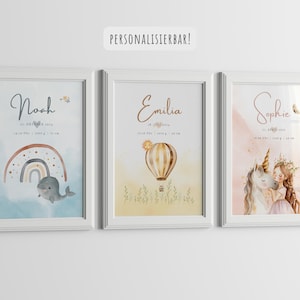 cartel de nacimiento | Póster infantil personalizado | Nombre del cartel | regalo nacimiento | anuncio de nacimiento | ballena | globo aerostático | Princesa y unicornio