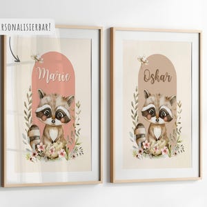 Póster infantil personalizado | Póster Nombre Mapache | Regalo de bebé | Carteles para niños | decoracion habitacion infantil