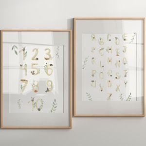 Conjunto de 2 carteles letras y números | Carteles del ABC | Decoración de habitaciones infantiles | Carteles de aprendizaje para niños | Mural Montessori | Escuela | arte mural digital