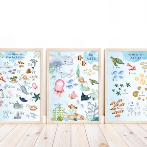 Carteles de aprendizaje para habitaciones infantiles, juego de 3, mar | Números, alfabeto, letras y narración de cuentos | Carteles para niños | Decoración de pared escolar