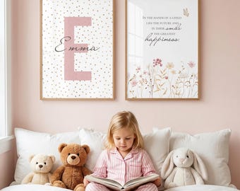 Personalized name poster for girls | Pink poster set for children's room | 2 wall art pieces with initials and a quote | Baby shower gift | Digital download