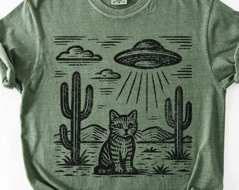 Shirt kat ufo, T-shirt ufo, T-shirt grappige kat, grappige ufo-shirts, T-shirt kat, T-shirt kattenhumor, shirt woestijn ufo, noodlijdend shirt, retro vintage