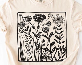 Flower Shirt, Vintage Linocut, Block Print Floral, Floral Tshirt Aesthetic Stamp Tee, Cottagecore Top, Boho Botanical Shirt, Flower T-Shirt