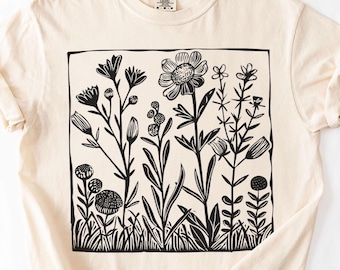 Flower Shirt, Vintage Linocut, Block Print Floral, Floral Tshirt Aesthetic Stamp Tee, Cottagecore Top, Boho Botanical Shirt, Flower T-Shirt
