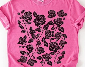Camiseta de rosas, camiseta floral, camiseta de rosas, linograbado vintage, estampado floral en bloque, camiseta de flores, camiseta de rosas negras, camiseta de rosas negras, flores