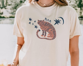 Tiger Crop Top, Retro Tiger Crops, Comfort Colors, Boxy Tee, Celestial Tiger, Asian Tiger, Zodiac Tops, Astrology Shirt, Vintage Aesthetic